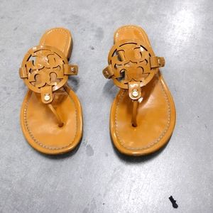 Tori Burch tan patent leather tribal cut sandals